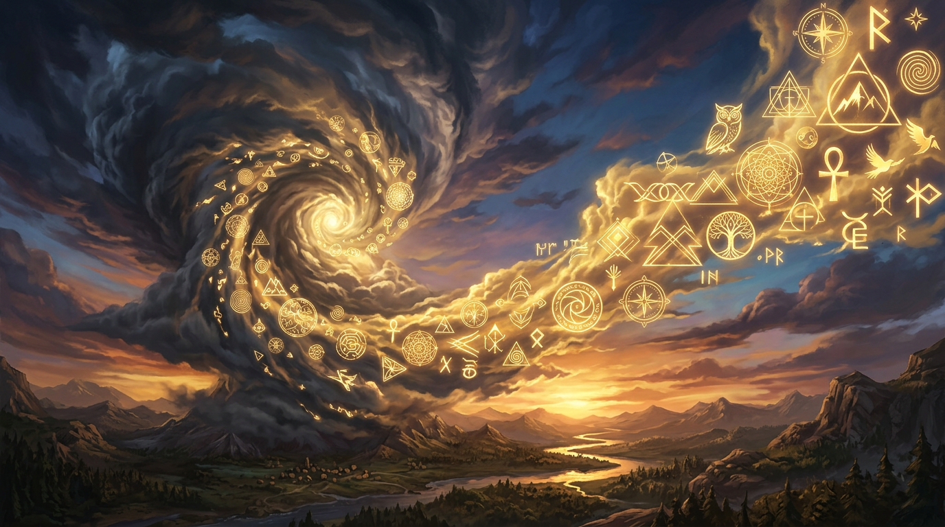 Glowing mystical symbols forming a spiral in stormy sky above mountains at sunset